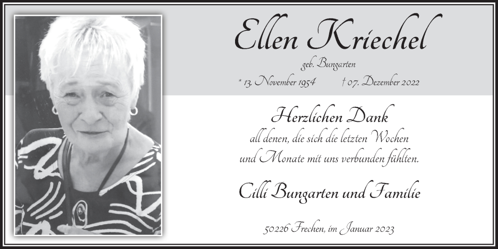  Traueranzeige für Ellen Kriechel vom 13.01.2023 aus  Wochenende 