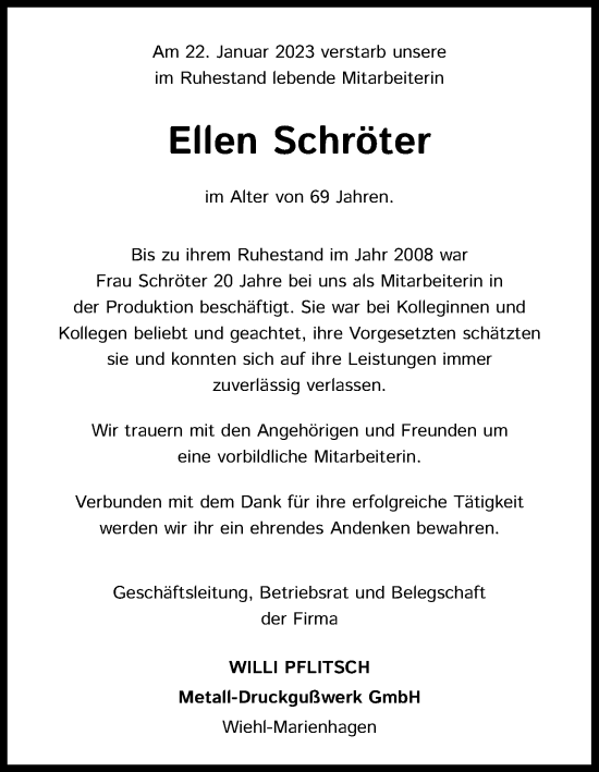 Anzeige von Ellen Schröter von Kölner Stadt-Anzeiger / Kölnische Rundschau / Express