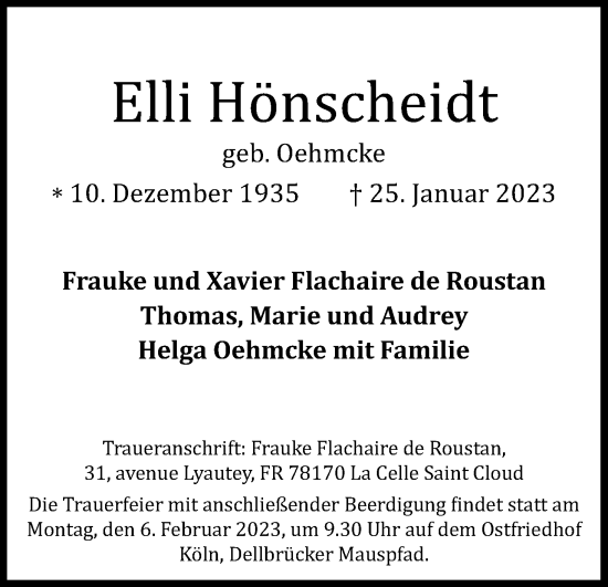Anzeige von Elli Hönscheidt von Kölner Stadt-Anzeiger / Kölnische Rundschau / Express