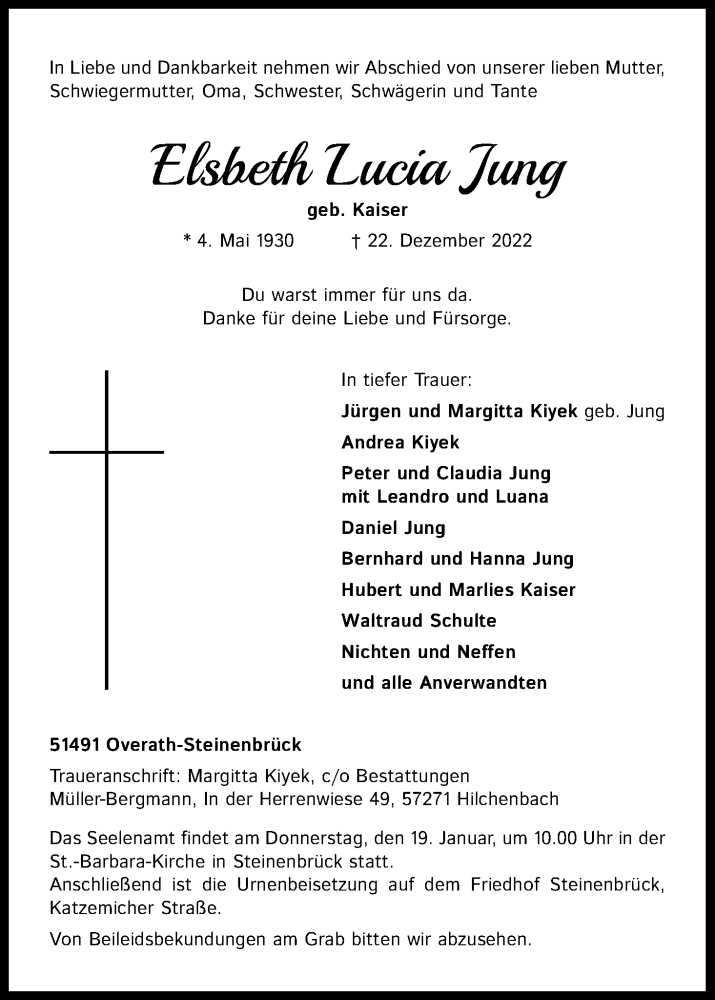  Traueranzeige für Elsbeth Lucia Jung vom 14.01.2023 aus Kölner Stadt-Anzeiger / Kölnische Rundschau / Express