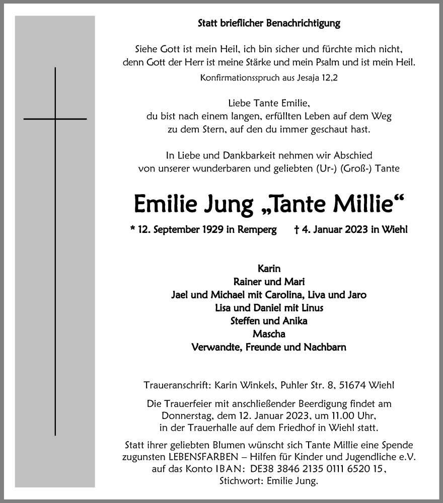  Traueranzeige für Emilie Jung vom 07.01.2023 aus Kölner Stadt-Anzeiger / Kölnische Rundschau / Express