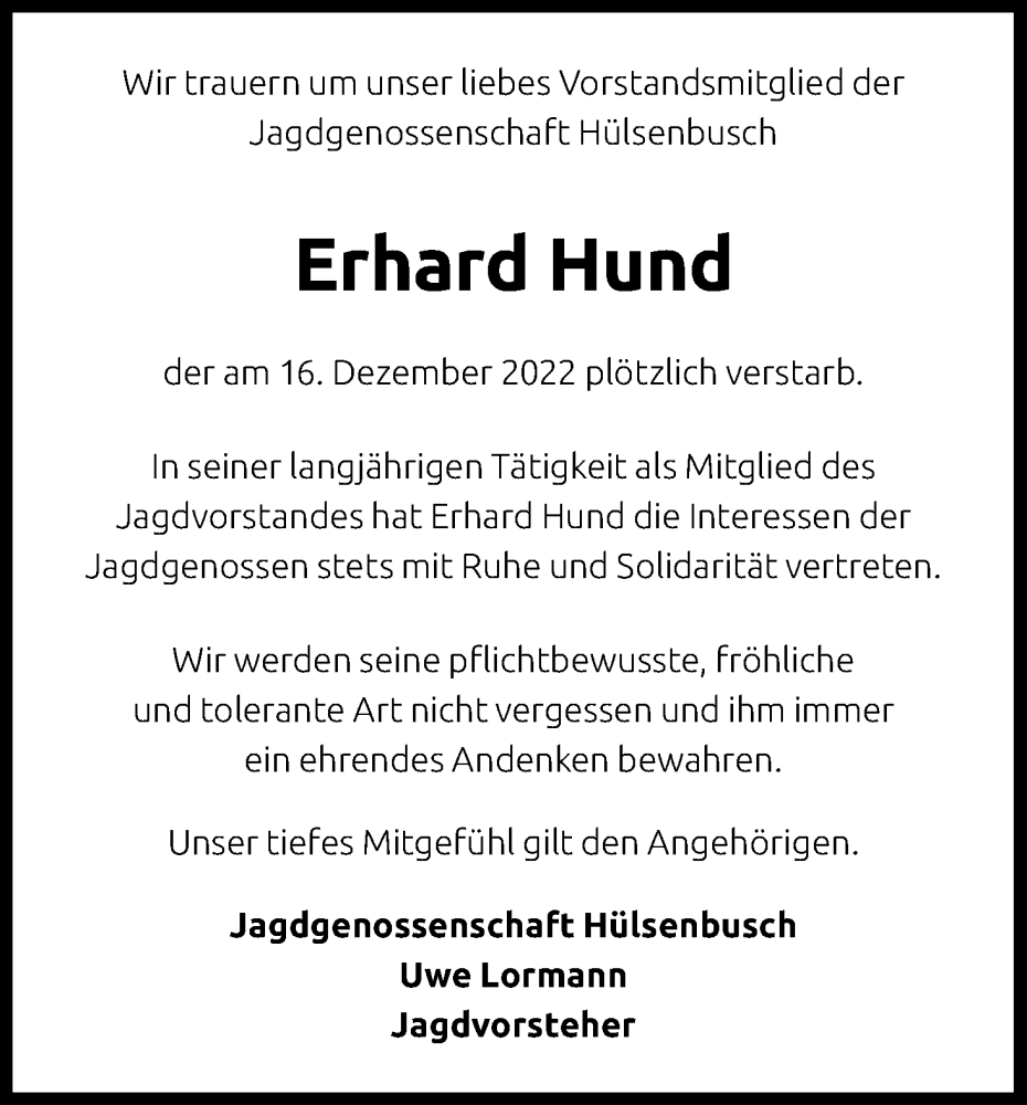  Traueranzeige für Erhard Hund vom 05.01.2023 aus Kölner Stadt-Anzeiger / Kölnische Rundschau / Express