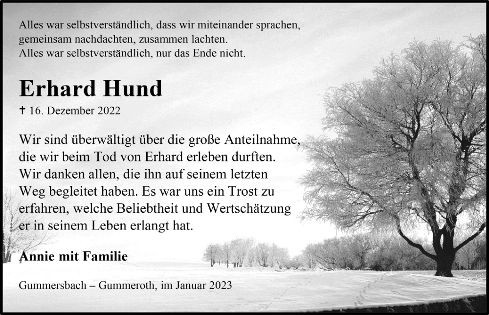  Traueranzeige für Erhard Hund vom 13.01.2023 aus  Anzeigen Echo 