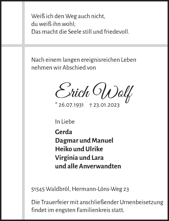 Anzeige von Erich Wolf von  Lokalanzeiger 