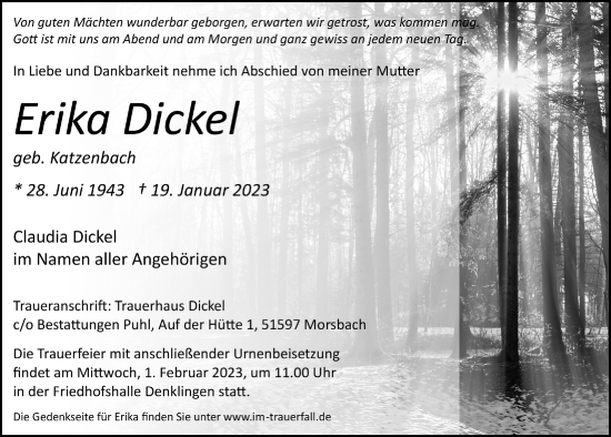 Anzeige von Erika Dickel von  Anzeigen Echo  Lokalanzeiger 