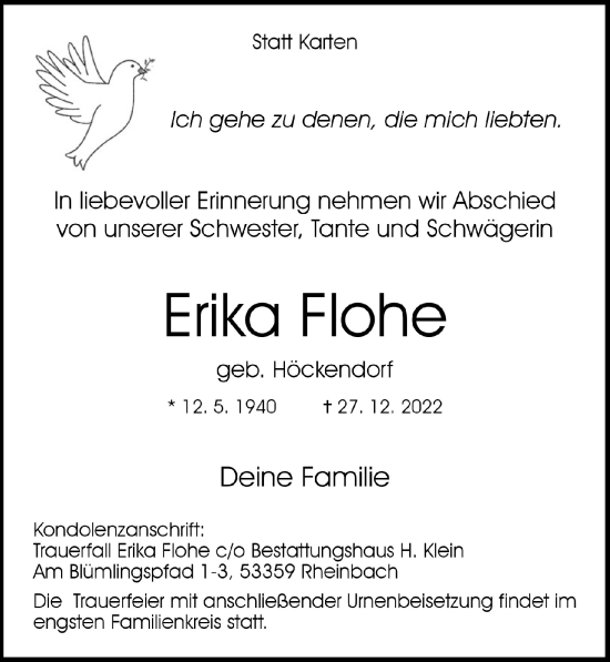 Anzeige von Erika Flohe von  Schaufenster/Blickpunkt 