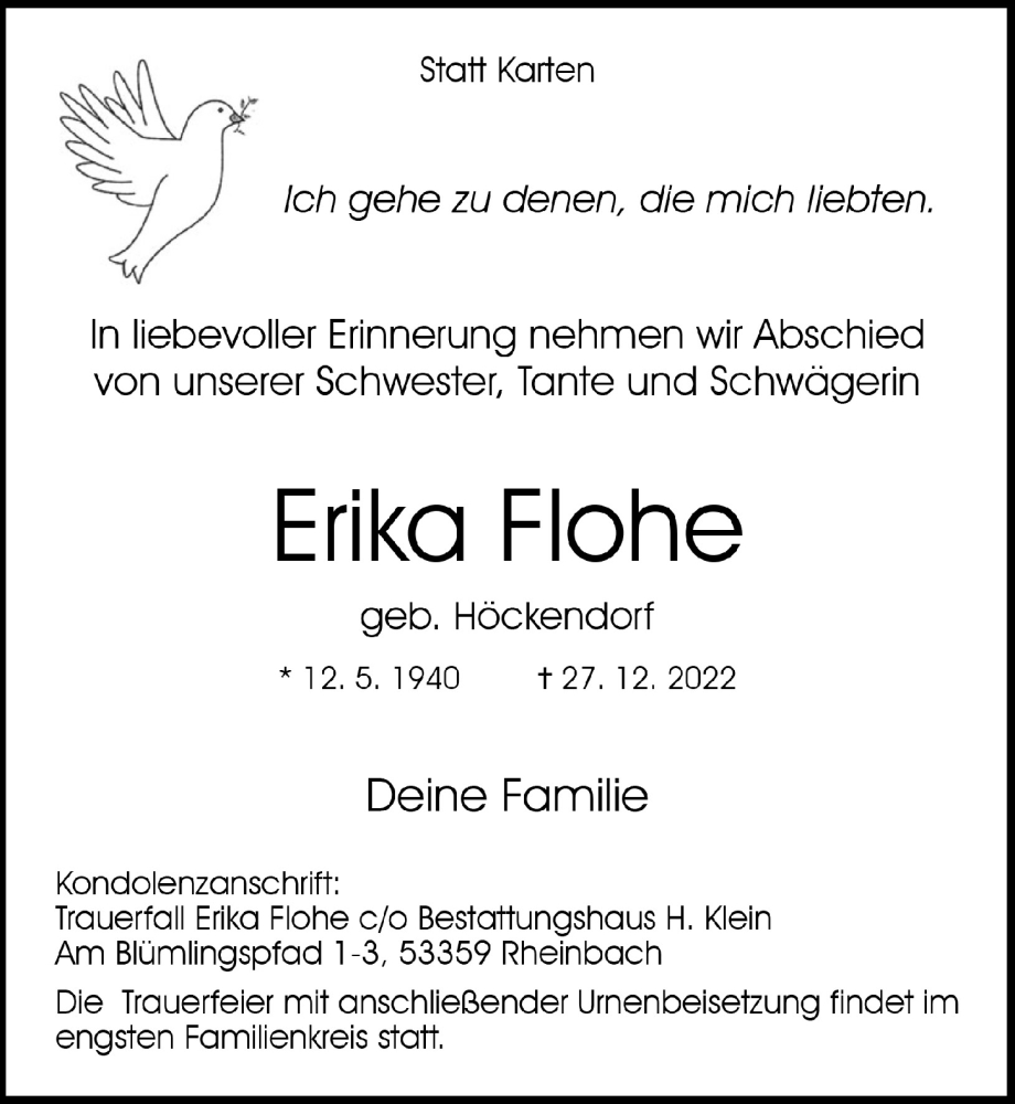  Traueranzeige für Erika Flohe vom 13.01.2023 aus  Schaufenster/Blickpunkt 