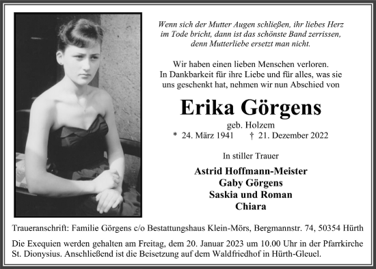 Anzeige von Erika Görgens von  Wochenende 