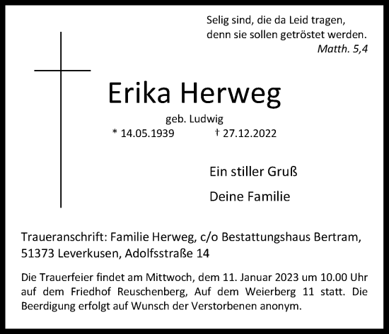 Anzeige von Erika Herweg von Kölner Stadt-Anzeiger / Kölnische Rundschau / Express