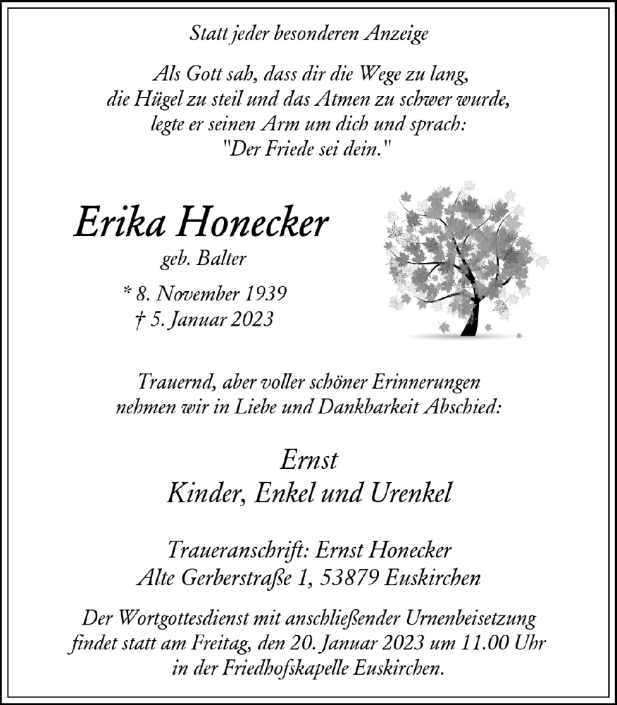  Traueranzeige für Erika Honecker vom 14.01.2023 aus  Blickpunkt Euskirchen 