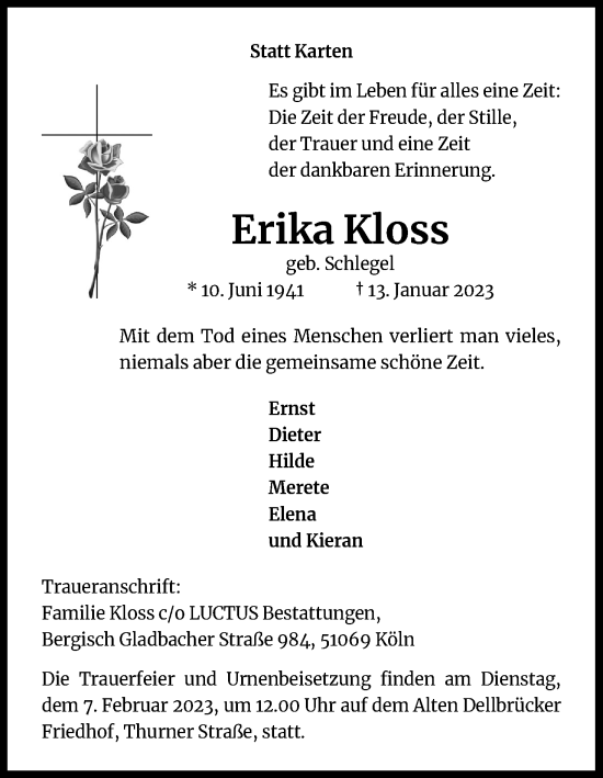 Anzeige von Erika Kloss von Kölner Stadt-Anzeiger / Kölnische Rundschau / Express