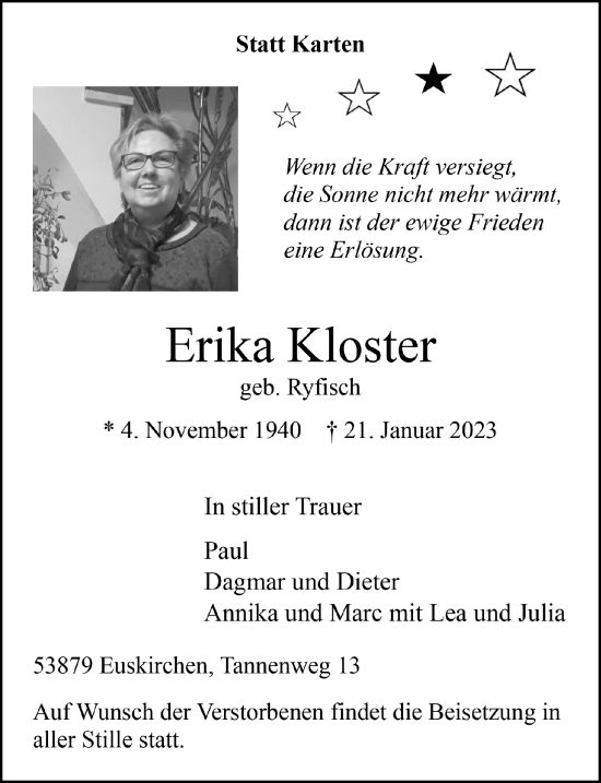 Anzeige von Erika Kloster von  Blickpunkt Euskirchen 