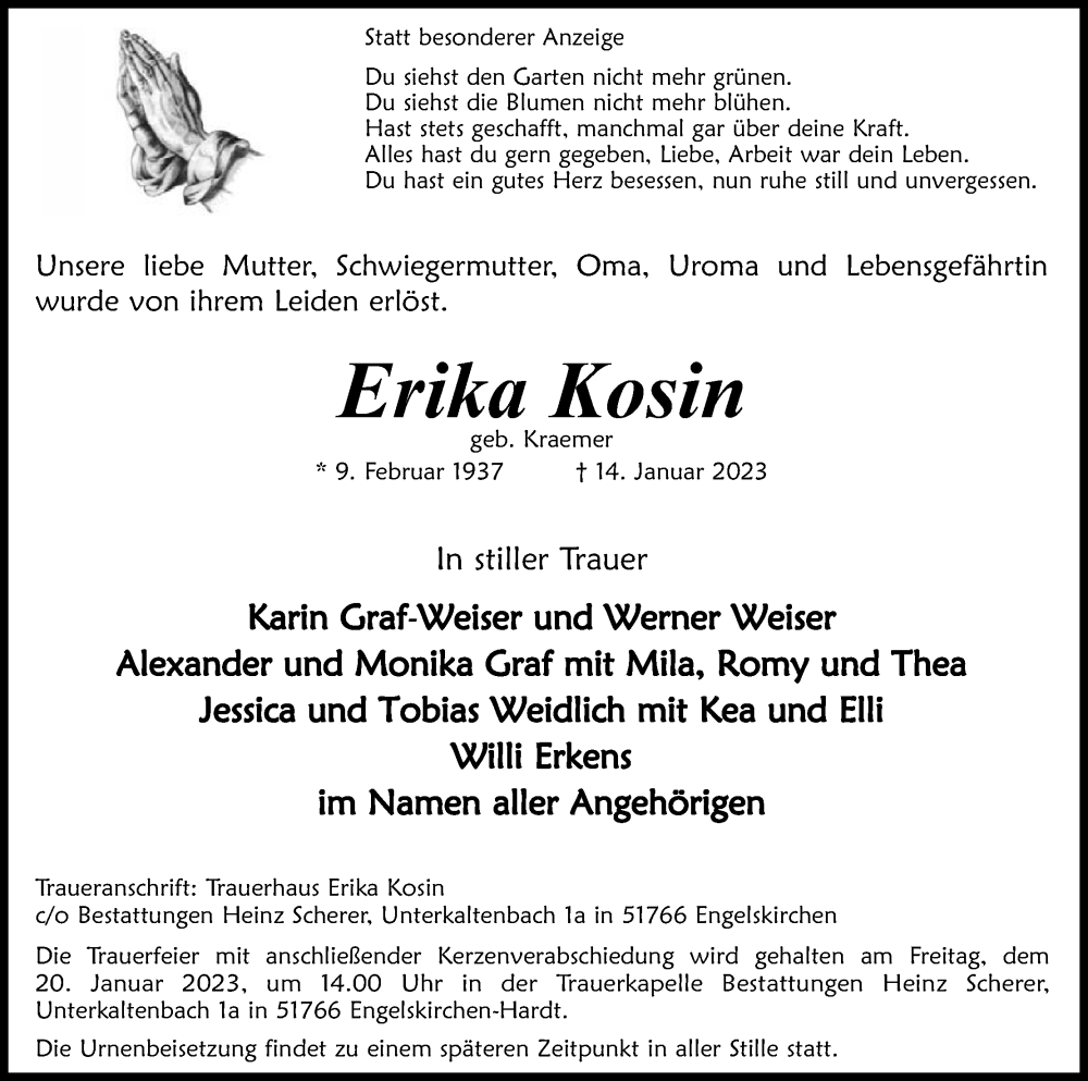  Traueranzeige für Erika Kosin vom 17.01.2023 aus Kölner Stadt-Anzeiger / Kölnische Rundschau / Express