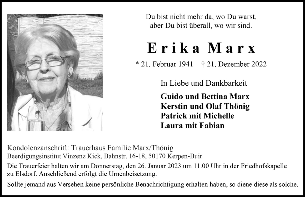  Traueranzeige für Erika Marx vom 20.01.2023 aus  Werbepost 