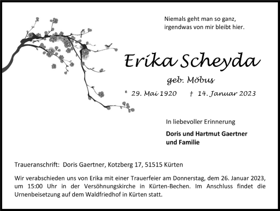 Anzeige von Erika Scheyda von  Bergisches Handelsblatt 