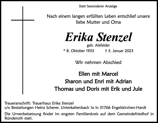 Anzeige von Erika Stenzel von Kölner Stadt-Anzeiger / Kölnische Rundschau / Express