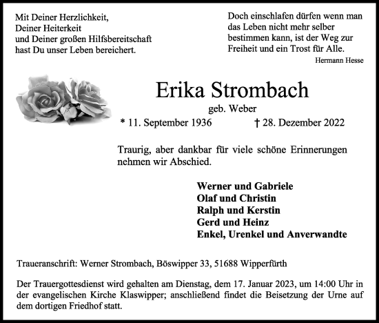 Anzeige von Erika Strombach von Kölner Stadt-Anzeiger / Kölnische Rundschau / Express