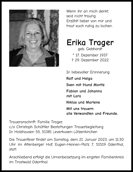Anzeige von Erika Trager von Kölner Stadt-Anzeiger / Kölnische Rundschau / Express
