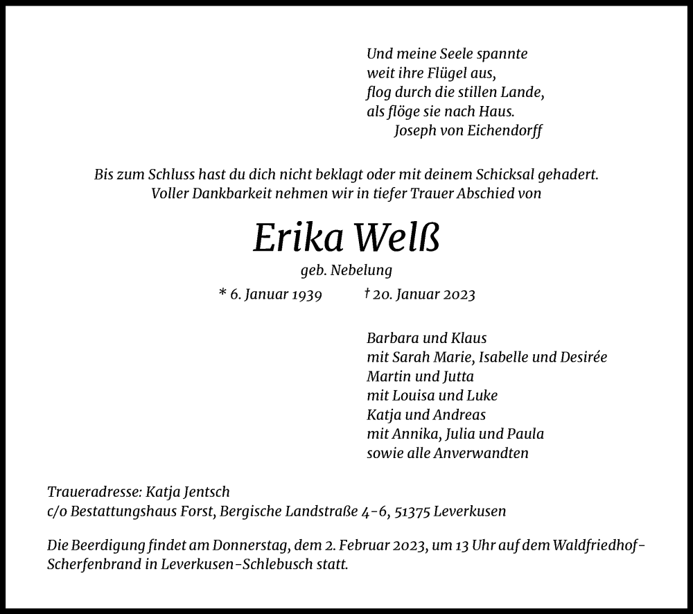  Traueranzeige für Erika Welß vom 28.01.2023 aus Kölner Stadt-Anzeiger / Kölnische Rundschau / Express