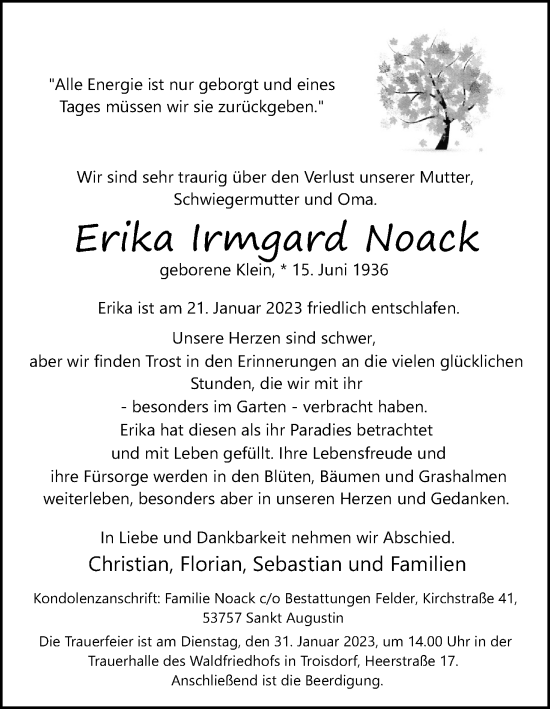 Anzeige von Erika Irmgard Noack von Kölner Stadt-Anzeiger / Kölnische Rundschau / Express
