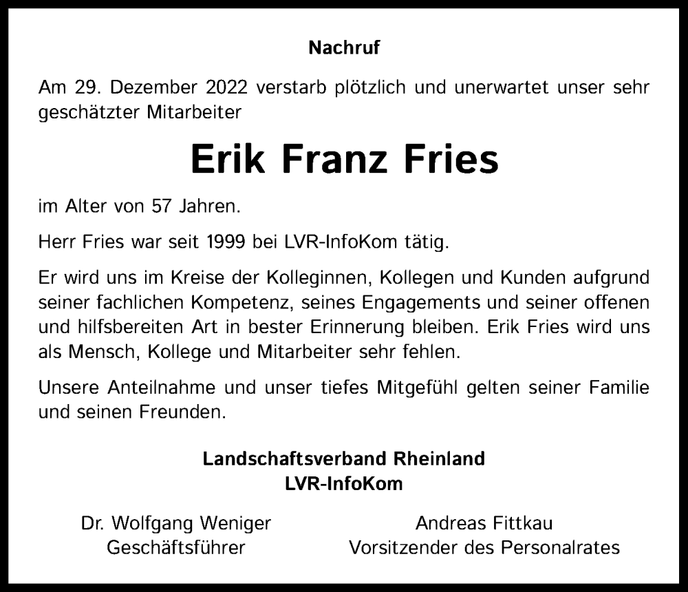  Traueranzeige für Erik Franz Fries vom 07.01.2023 aus Kölner Stadt-Anzeiger / Kölnische Rundschau / Express