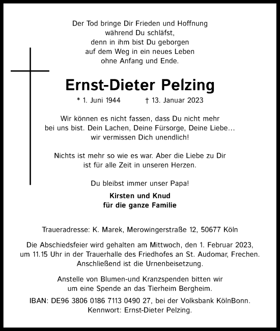 Anzeige von Ernst-Dieter Pelzing von Kölner Stadt-Anzeiger / Kölnische Rundschau / Express