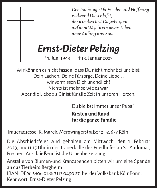 Anzeige von Ernst-Dieter Pelzing von  Wochenende 