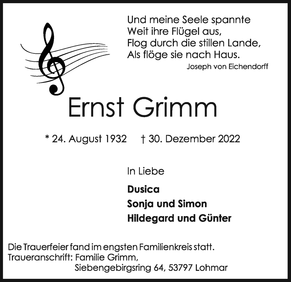 Traueranzeige für Ernst Grimm vom 14.01.2023 aus Kölner Stadt-Anzeiger / Kölnische Rundschau / Express