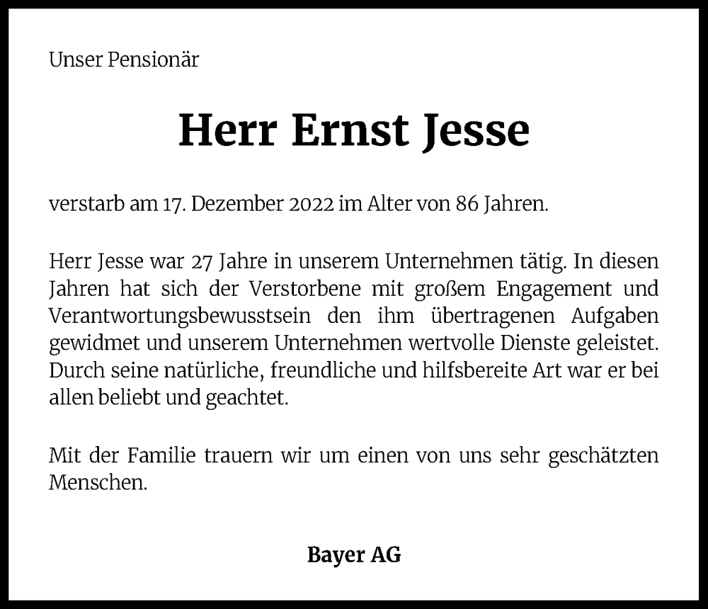  Traueranzeige für Ernst Jesse vom 03.01.2023 aus Kölner Stadt-Anzeiger / Kölnische Rundschau / Express