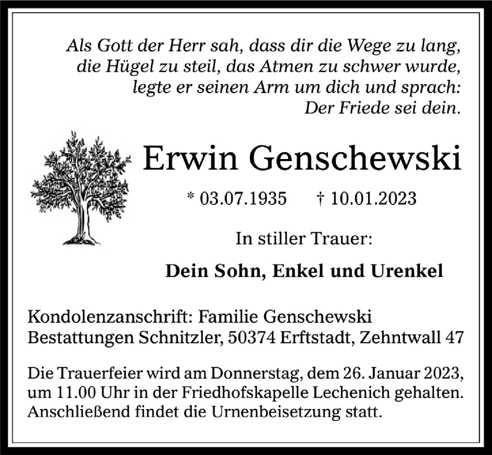  Traueranzeige für Erwin Genschewski vom 20.01.2023 aus  Werbepost 