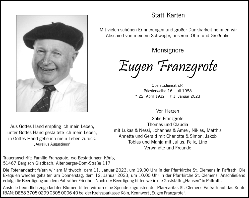  Traueranzeige für Eugen Franzgrote vom 07.01.2023 aus Kölner Stadt-Anzeiger / Kölnische Rundschau / Express