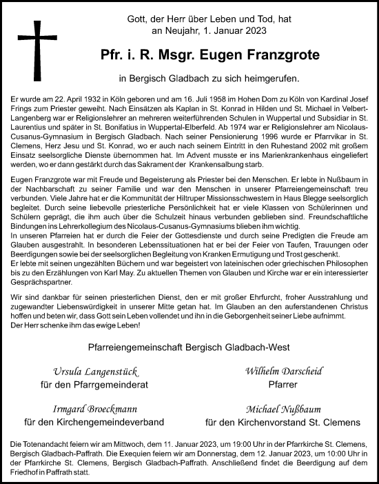 Anzeige von Eugen Franzgrote von Kölner Stadt-Anzeiger / Kölnische Rundschau / Express