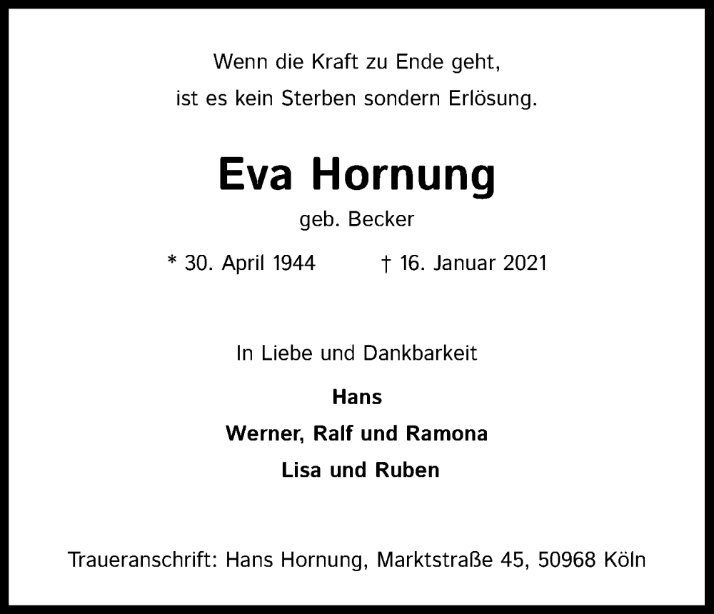  Traueranzeige für Eva Hornung vom 16.01.2023 aus Kölner Stadt-Anzeiger / Kölnische Rundschau / Express