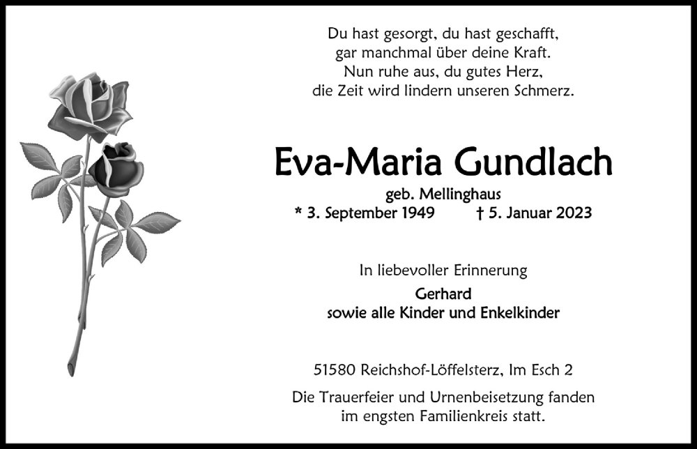  Traueranzeige für Eva-Maria Gundlach vom 20.01.2023 aus  Lokalanzeiger 