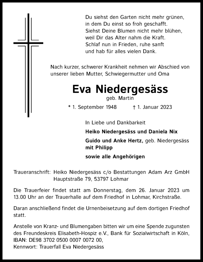  Traueranzeige für Eva Niedergesäss vom 21.01.2023 aus Kölner Stadt-Anzeiger / Kölnische Rundschau / Express