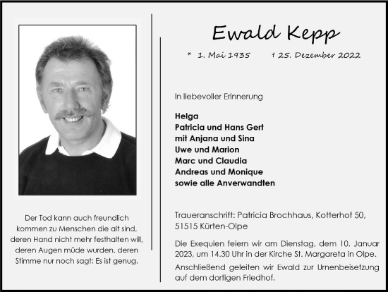 Anzeige von Ewald Kepp von  Bergisches Handelsblatt  Lokale Informationen 