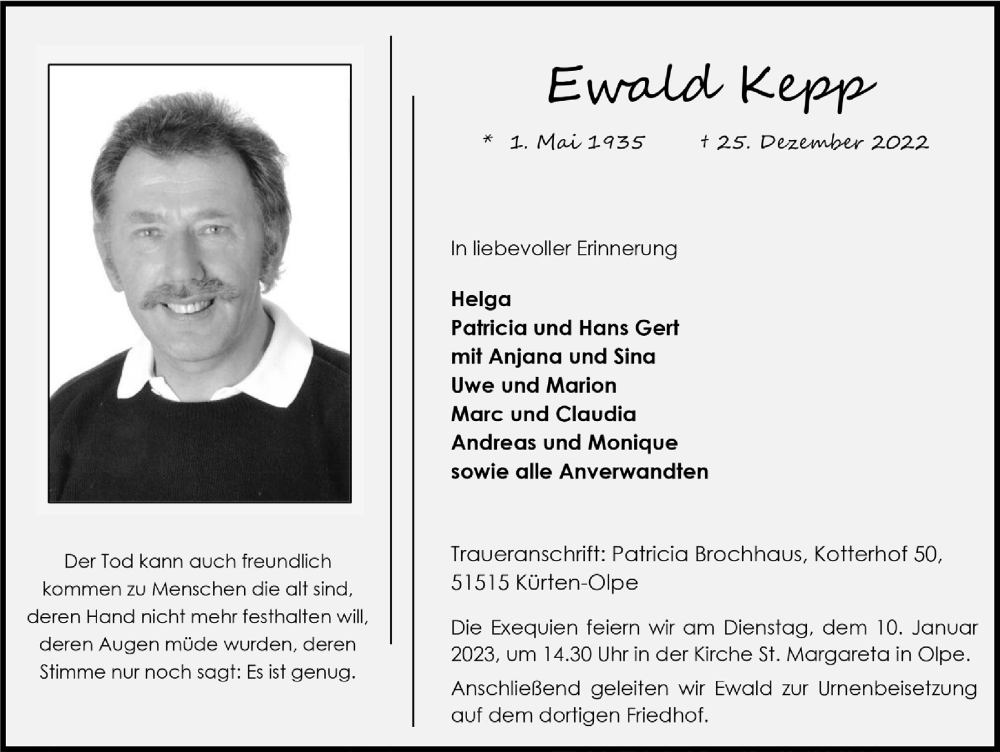  Traueranzeige für Ewald Kepp vom 06.01.2023 aus  Bergisches Handelsblatt  Lokale Informationen 