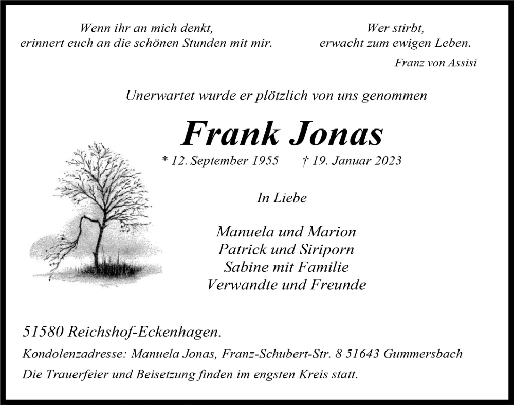  Traueranzeige für Frank Jonas vom 27.01.2023 aus  Anzeigen Echo 