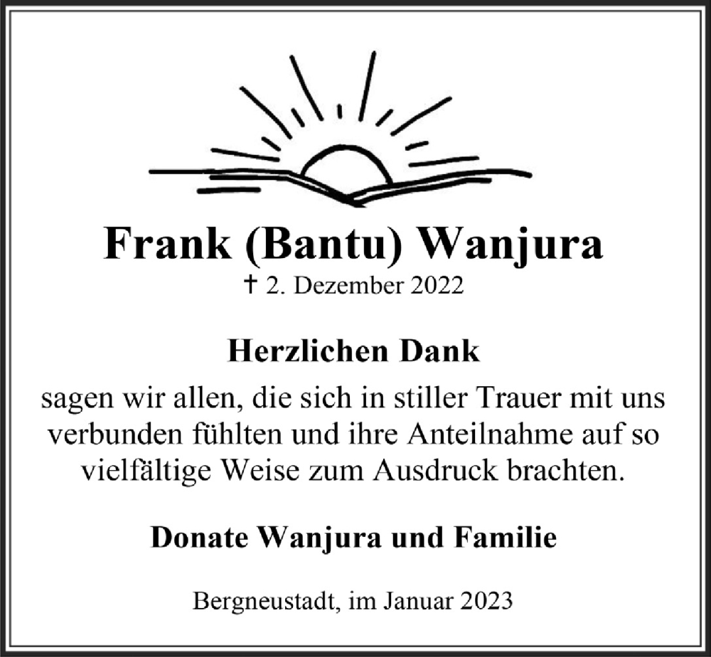 Traueranzeige für Frank Wanjura vom 27.01.2023 aus  Anzeigen Echo 