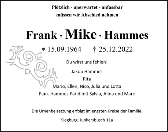 Anzeige von Frank Mike Hammes von  Extra Blatt 