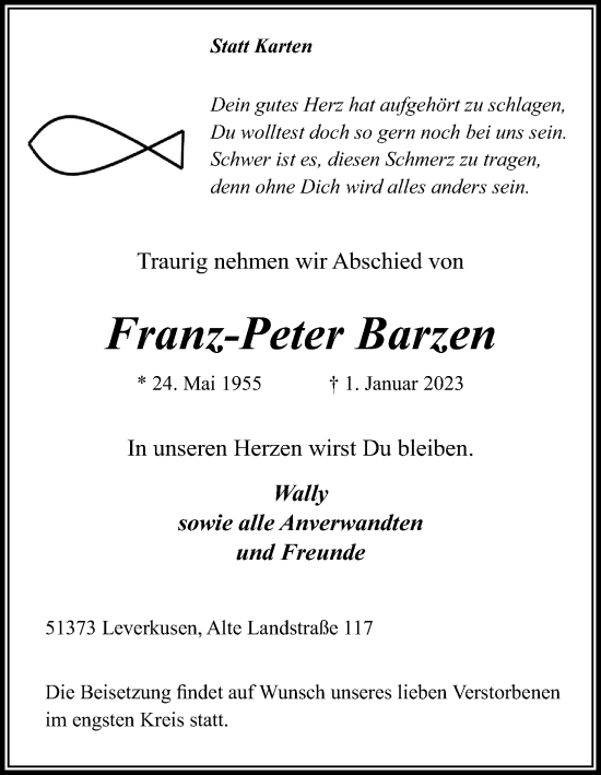Anzeige von Franz-Peter Barzen von Kölner Stadt-Anzeiger / Kölnische Rundschau / Express