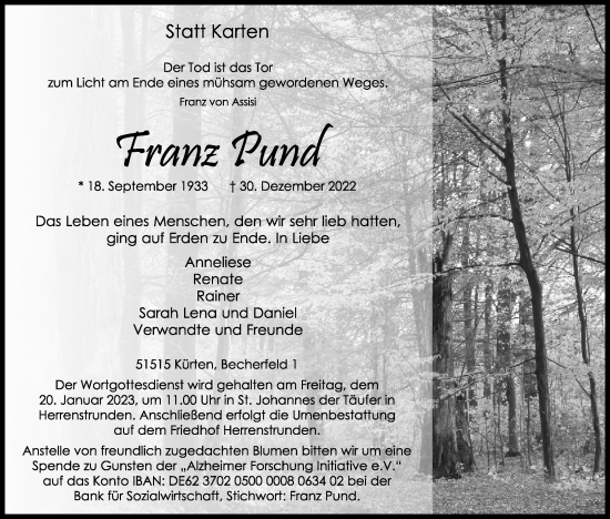 Anzeige von Franz Pund von Kölner Stadt-Anzeiger / Kölnische Rundschau / Express