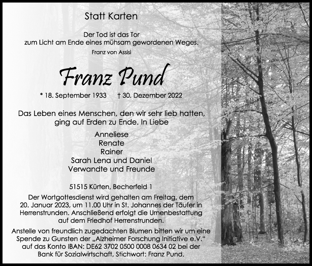  Traueranzeige für Franz Pund vom 07.01.2023 aus Kölner Stadt-Anzeiger / Kölnische Rundschau / Express