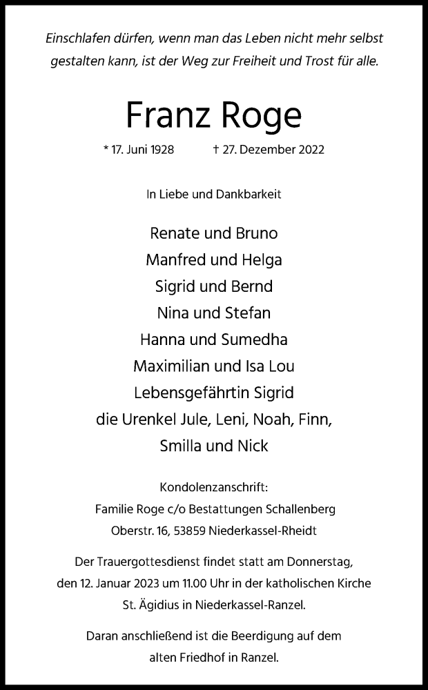  Traueranzeige für Franz Roge vom 07.01.2023 aus Kölner Stadt-Anzeiger / Kölnische Rundschau / Express
