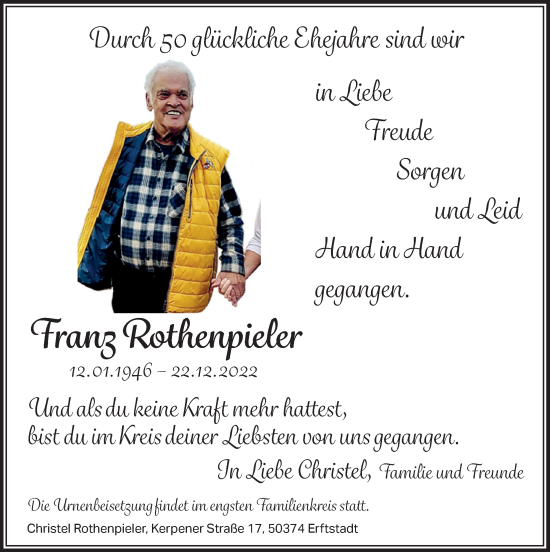 Anzeige von Franz Rothenpieler von  Werbepost 