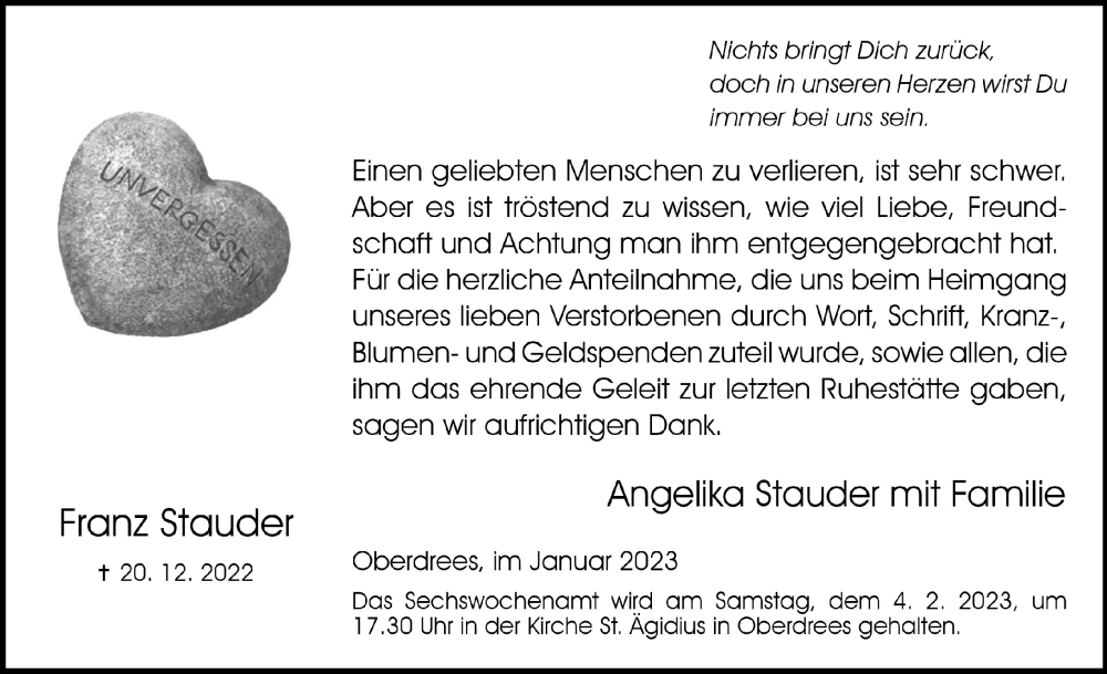  Traueranzeige für Franz Stauder vom 27.01.2023 aus  Schaufenster/Blickpunkt 