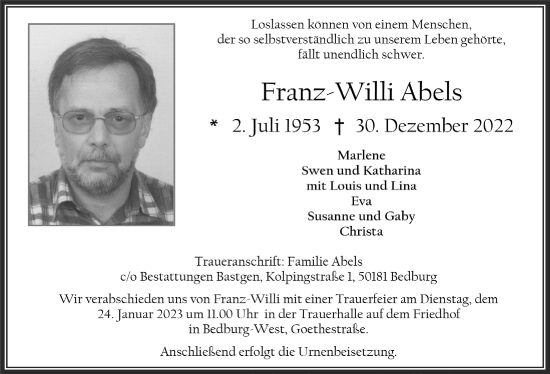 Anzeige von Franz-Willi Abels von  Werbepost 