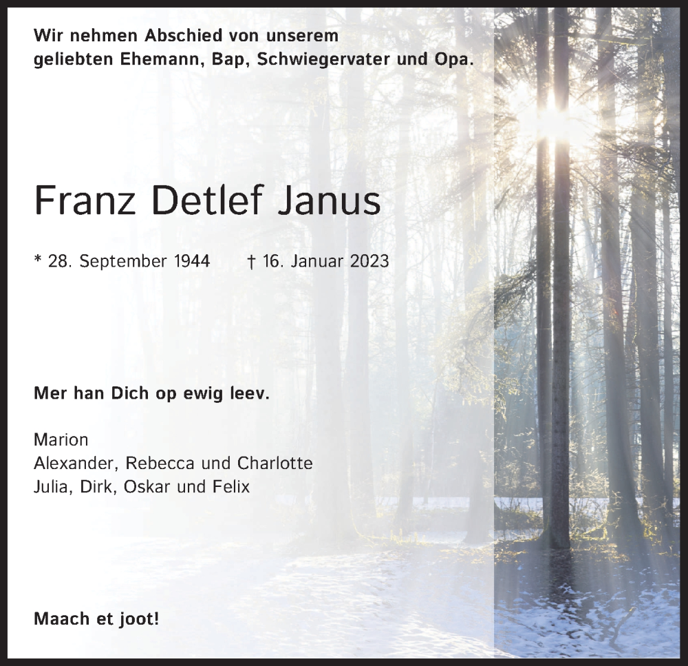  Traueranzeige für Franz Detlef Janus vom 21.01.2023 aus Kölner Stadt-Anzeiger / Kölnische Rundschau / Express