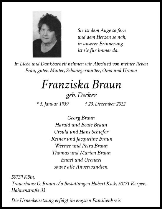 Anzeige von Franziska Braun von Kölner Stadt-Anzeiger / Kölnische Rundschau / Express