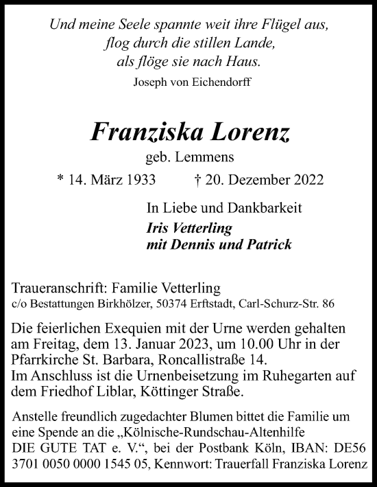 Anzeige von Franziska Lorenz von Kölner Stadt-Anzeiger / Kölnische Rundschau / Express